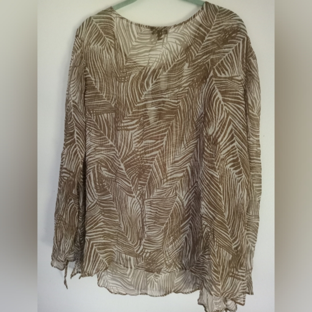Sheer See-Through Brown & White Palm Leaf Print Blouse